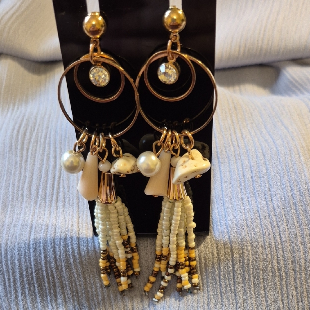 Elegant Gold and White Beaded Dangle Earrings